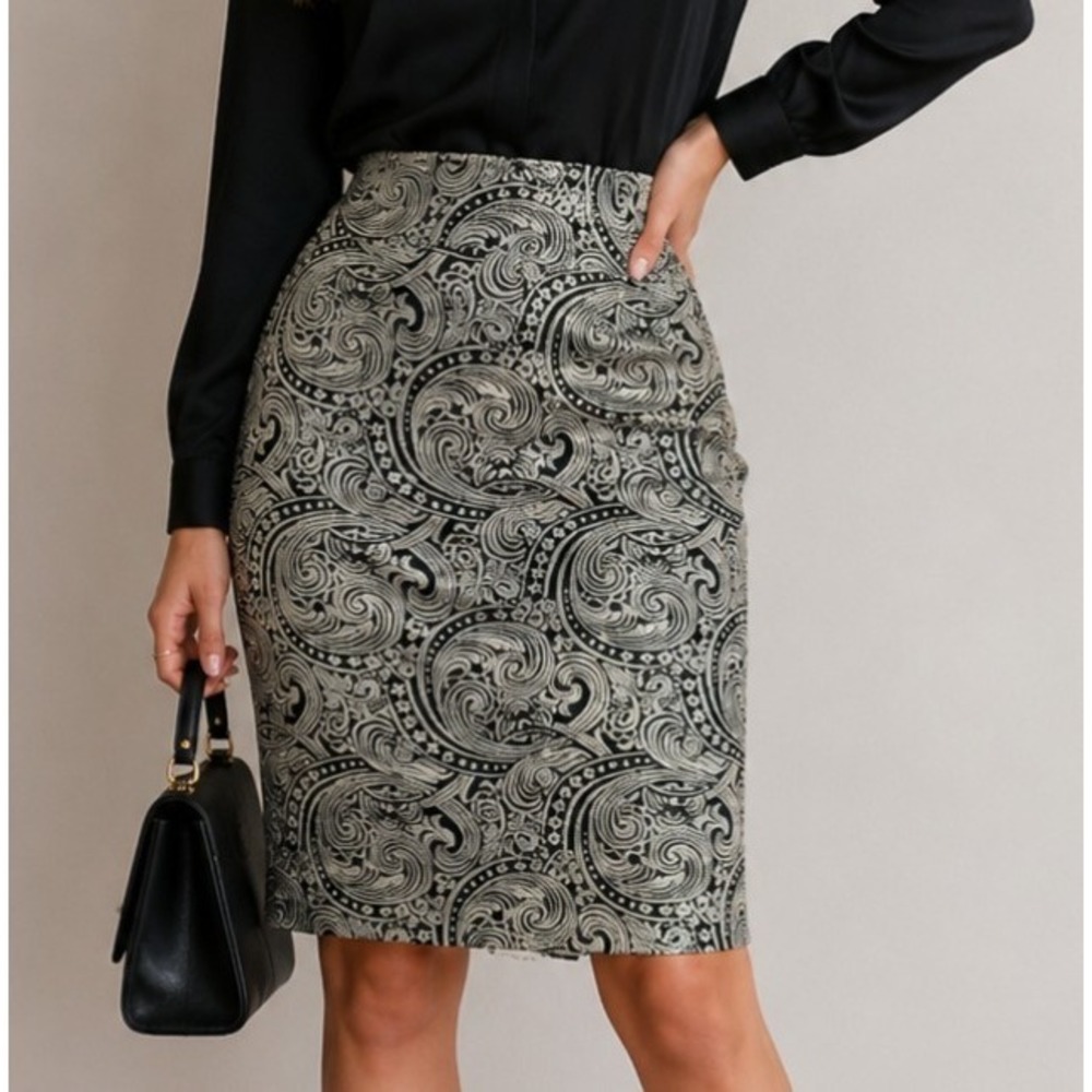 Ann Taylor Skirt Womens 2P Black Paisley Pencil Lined Glitter Zip Knee